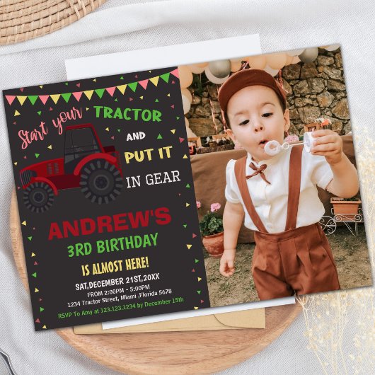 Red Black Tractor Invitations Anniversaire avec ph
