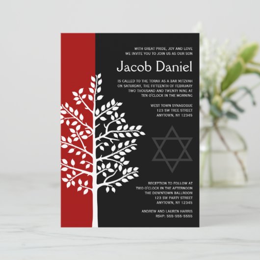 Red Black Tree of Life Bar Mitzvah Invitations (Debout devant)