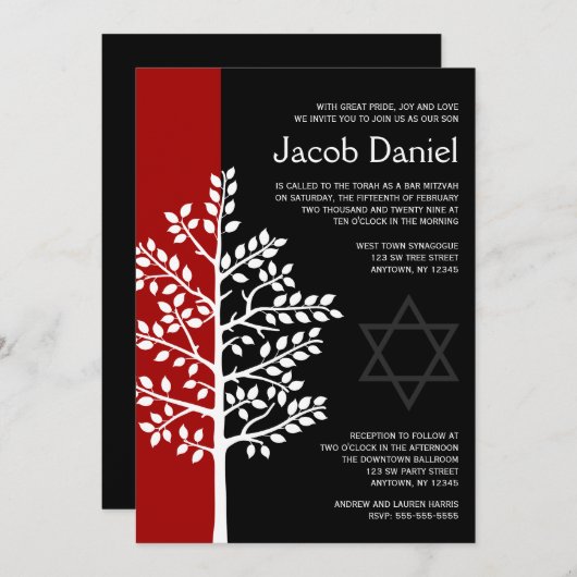 Red Black Tree of Life Bar Mitzvah Invitations (Devant / Derrière)