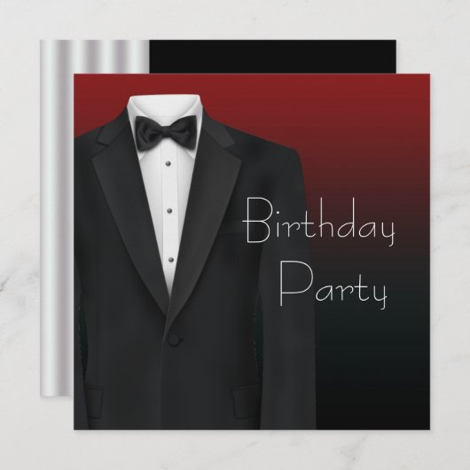 Red Black Tuxedo Mans Anniversaire Invitations (Devant / Derrière)