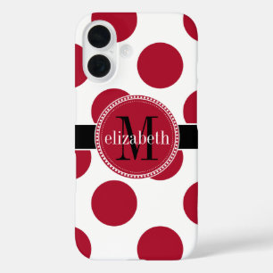 Red Black White Big Polka Dot Monogram iPhone 16 Hoesje