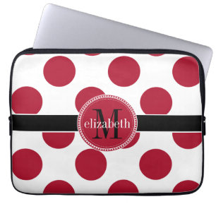 Red Black White Big Polka Dot Monogram Laptop Sleeve