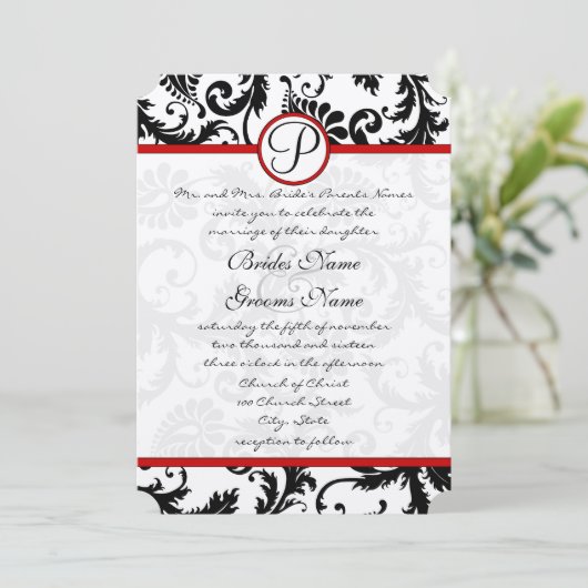 Red Black White Damask Swirl RSVP-kaarten Kaart (Staand voorkant)
