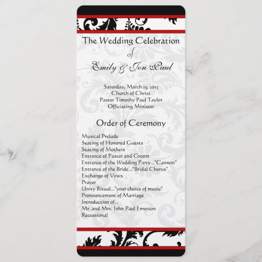 Red Black White Damask Swirl Wedding Programme (Devant)