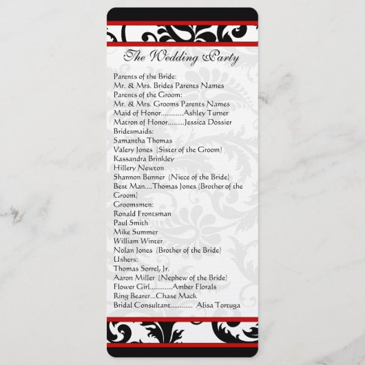 Red Black White Damask Swirl Wedding Programme (Dos)