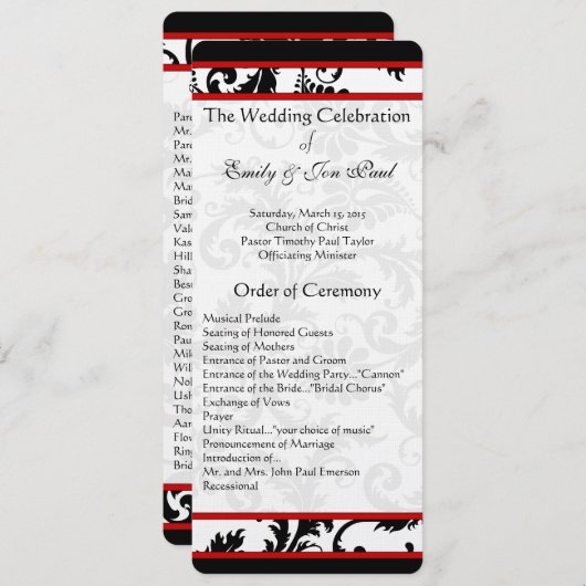 Red Black White Damask Swirl Wedding Programme (Devant / Derrière)