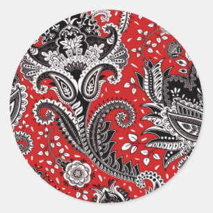 Red Black & White Floral Paisley Bohemian Boho Ronde Sticker