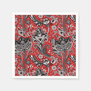 Red Black & White Floral Paisley Bohemian Boho Servet