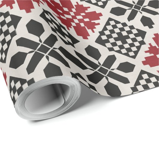 Red Black White Geometric Folk Pattern Cadeaupapier (Rol Hoek)