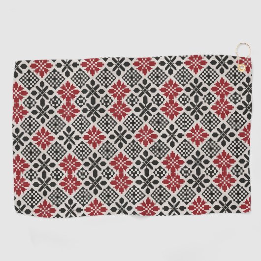 Red Black White Geometric Folk Pattern Golfhanddoek (Horizontaal)