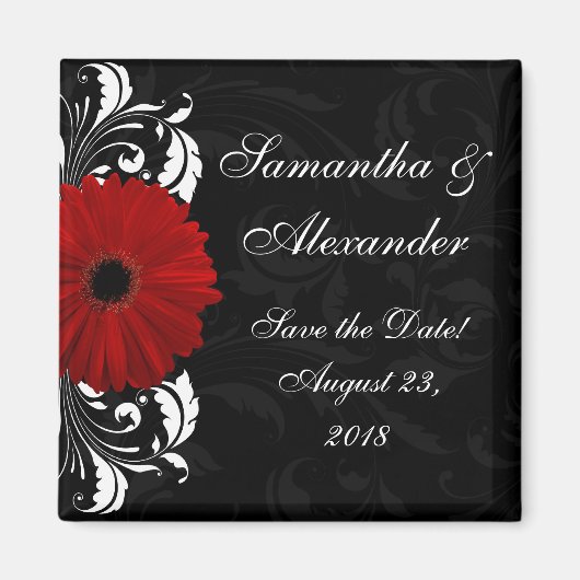 Red+Black+White Gerbera Daisy Save the Date/Favor Magneet (Voorkant)