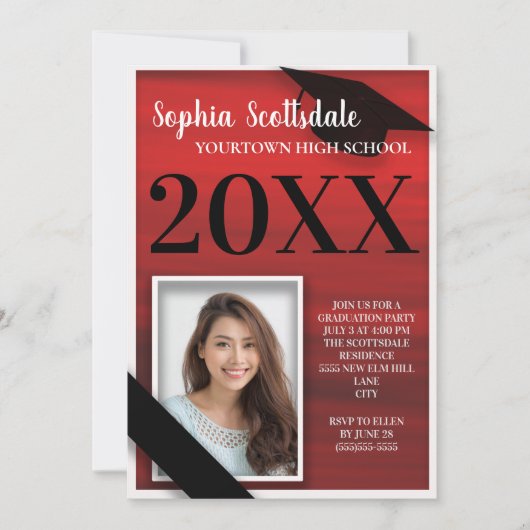 Red Black White Graduation Faire-part (Devant)