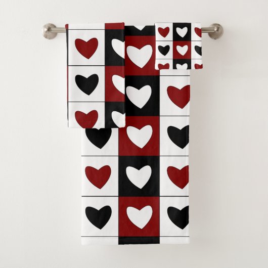 Red Black White Hearts Pattern Valentijnsdag Bad Handdoek (Insitu)