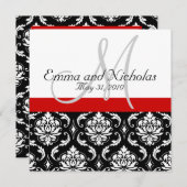 Red Black White Monogram Damask Wedding Invite Kaart (Voorkant / Achterkant)