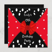 Red Black White Spot Invitation Cute Bow 15e (Devant / Derrière)