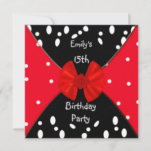 Red Black White Spot Invitation Cute Bow 15th Kaart