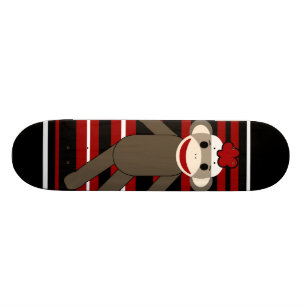 Red Black White Striped Socket Monkey Girl Sitting Skateboard