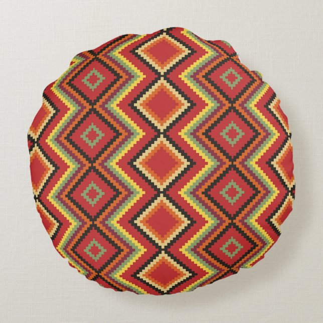 Red Black Yellow Native American Blanket Pattern Rond Kussen (Achterkant)