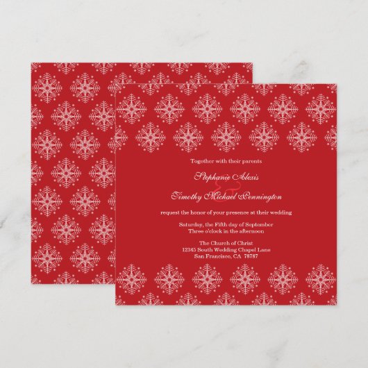 Red + blanc flocon de neige invitation de mariage  (Devant / Derrière)