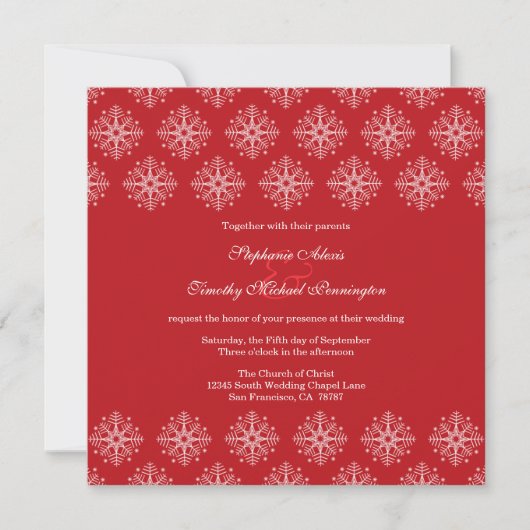 Red + blanc flocon de neige invitation de mariage (Devant)