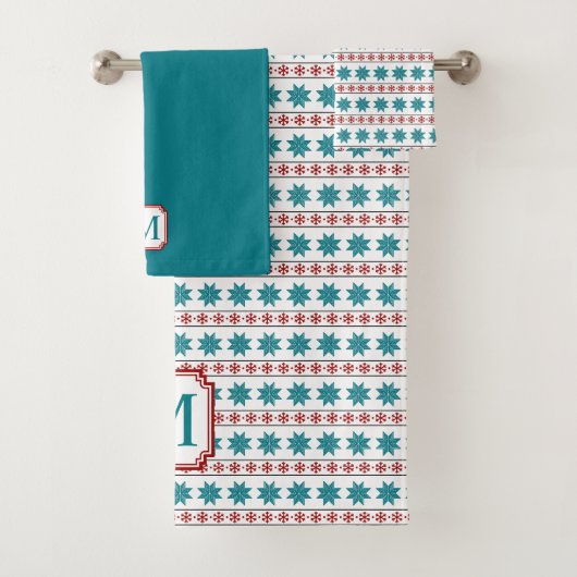 Red Blauwgroen Winter Snowflake Nordic Pattern Mon Bad Handdoek (Insitu)