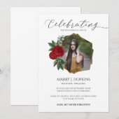 Red Blossom Photo Celebration of Life Invitation Kaart (Voorkant / Achterkant)