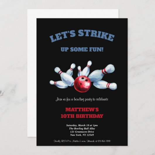 RED,BLUE AND BLACK BOWLING BIRTHDAY PARTY KAART (Voorkant / Achterkant)