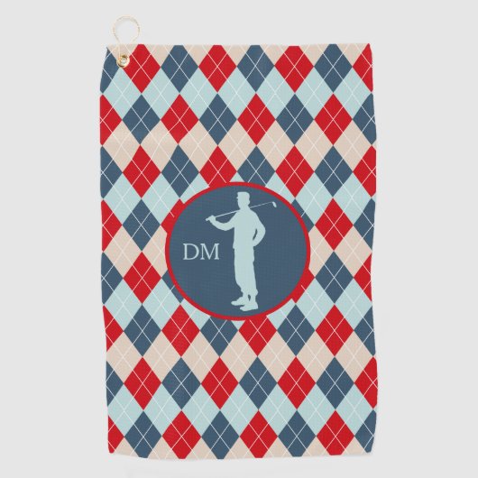 Red Blue Argyle Silhouette Golfer Monogram Golfhanddoek (Voorkant)