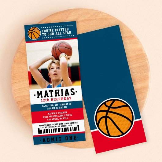 Red Blue Basketball Ticket Birthday Foto Kaart