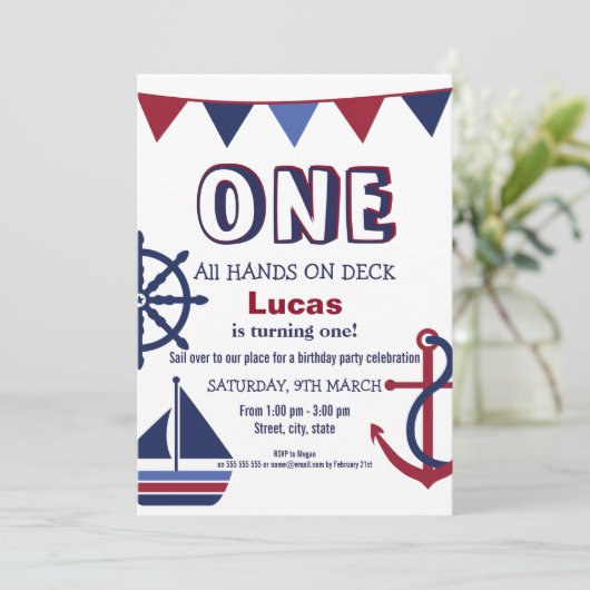 Red & Blue Boys eerste verjaardag nautische uitnod Kaart (Staand voorkant)