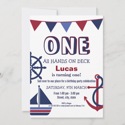 Red & Blue Boys First Birthday Nautical Invitation (Devant)