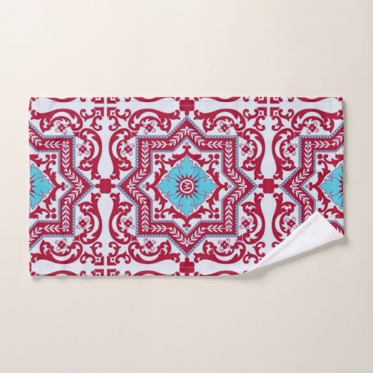 Red Blue Ceramic Style Azulejo Monogram Bad Handdoek (Handdoek)