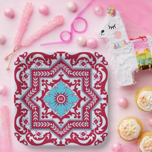 Red Blue Ceramic Style Azulejo Monogram Papieren Bordje (Feest)