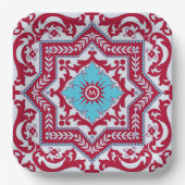 Red Blue Ceramic Style Azulejo Monogram Papieren Bordje (Voorkant)