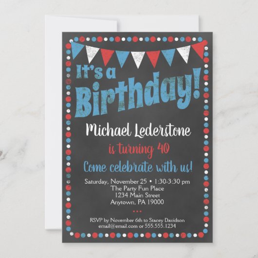 Red Blue Chalkboard Invitation d'anniversaire (Devant)