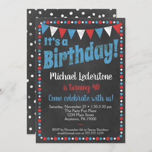 Red Blue Chalkboard Invitation d'anniversaire (Devant / Derrière)
