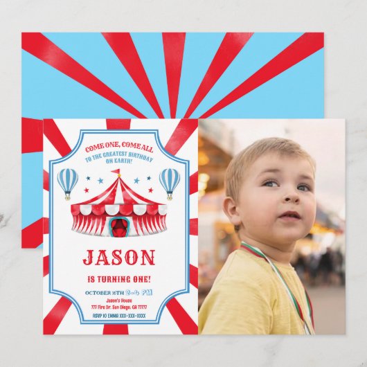 Red & Blue Circus Anniversaire Photo Invitation (Devant / Derrière)