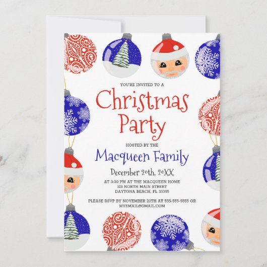 Red Blue Cute Ornament Baubles kerst Kaart (Voorkant)