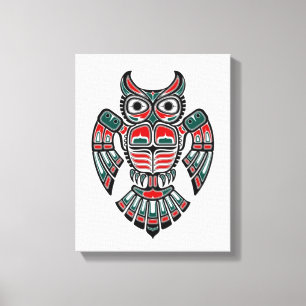 Red Blue en Black Haida Spirit Owl Canvas Afdruk