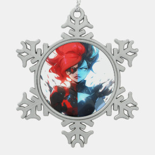 Red Blue Fire Ice Comic Style Anime Meisje Tin Sneeuwvlok Ornament
