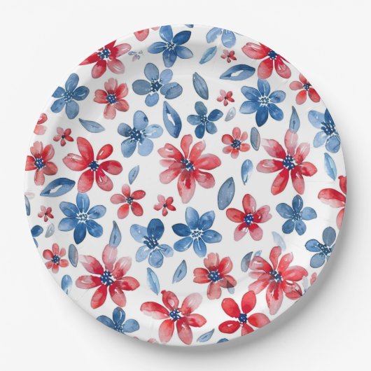 Red Blue Floral 4 juli Bord (Voorkant)