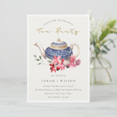 Red Blue Floral Teapot met kersttheefeest Uitnodig Bedankkaart (Staand voorkant)