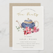 Red Blue Floral Teapot met kersttheefeest Uitnodig Bedankkaart (Voorkant / Achterkant)