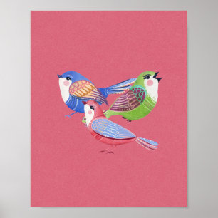 Red Blue Green Birds Folk Art Wall Art Poster