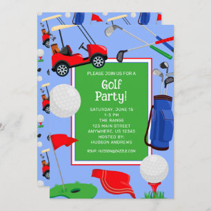 Red Blue & Green Golf Party Kaart