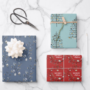 Red Blue Ice Winter Kerstboom Wreatay Holiday Inpakpapier Vel