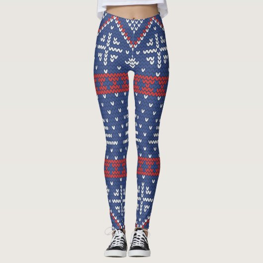 Red Blue Nordic Sweater Pattern Winter Kerstmis Leggings (Voorkant)