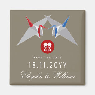 Red Blue Paper Cranes Asian Wedding Save the Date Magneet