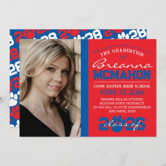 Red & Blue Paw Print Afstuderen Aankondiging (Voorkant / Achterkant)