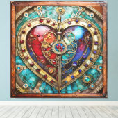 Red & Blue Stained Glass Heart Steampunk Series Canvas Afdruk (Insitu (Houten vloer))